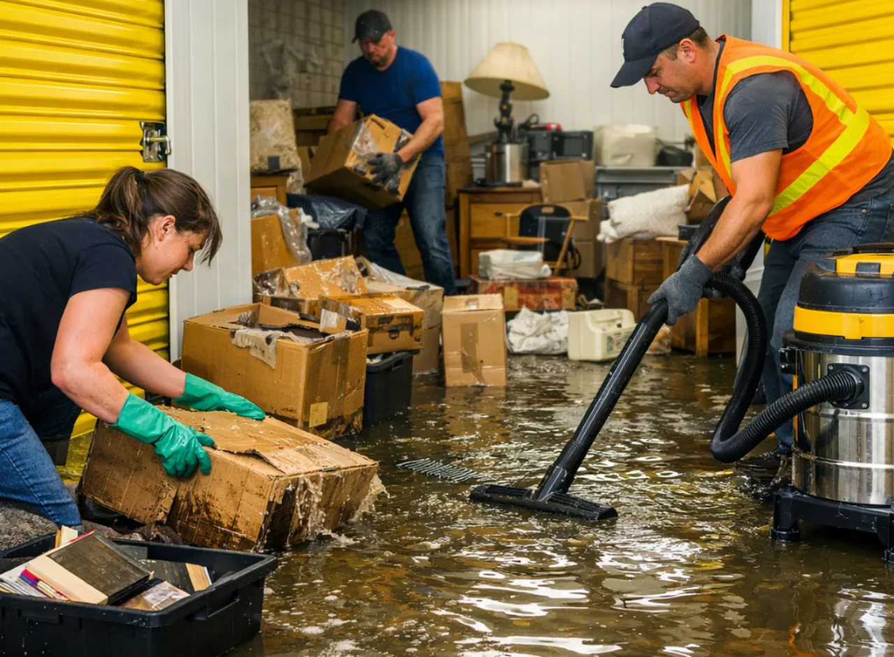Vannskade på minilager med gule lagerdører – derfor er forsikring for minilager viktig